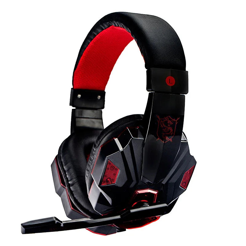 Black and red gaming headset with microphone, geometric earcups, padded headband