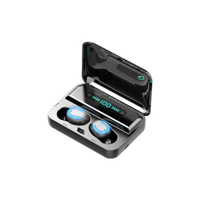 Wireless earbuds in a charging case with LED display, modern black and silver design