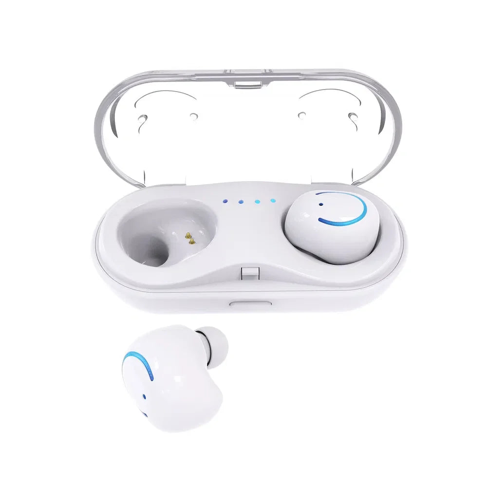 White wireless earbuds with charging case, LED indicators, modern design