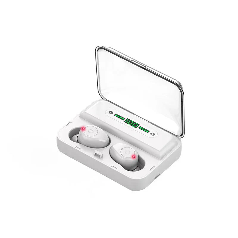 Wireless white earbuds in charging case with LED battery display