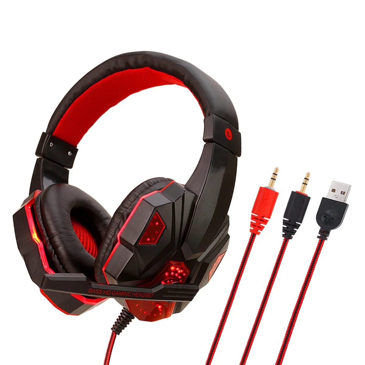 Black and red gaming headset with microphone, LED lights, and audio cables