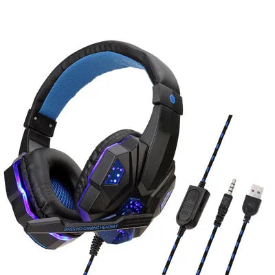 Black and blue LED gaming headset with microphone, braided cable, USB and 3.5mm jack.