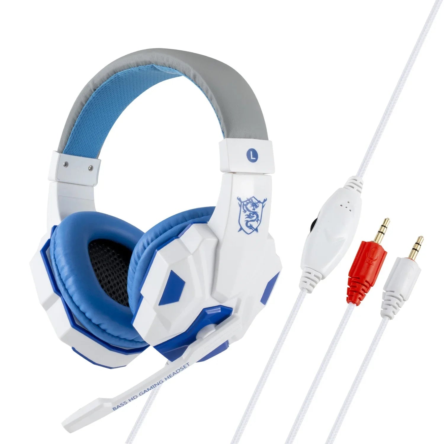 White and blue gaming headset with microphone and audio cables on white background