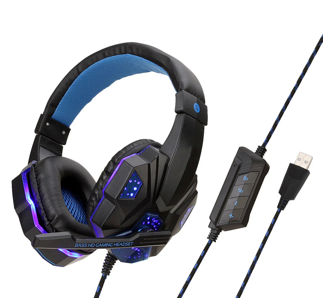 Black and blue gaming headset with LED lights, padded ear cups, and USB wired controls