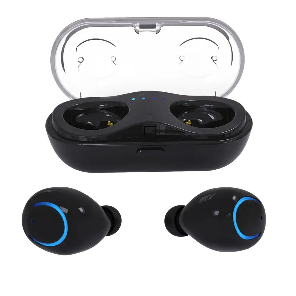 Black wireless Bluetooth earbuds with blue LED rings and charging case