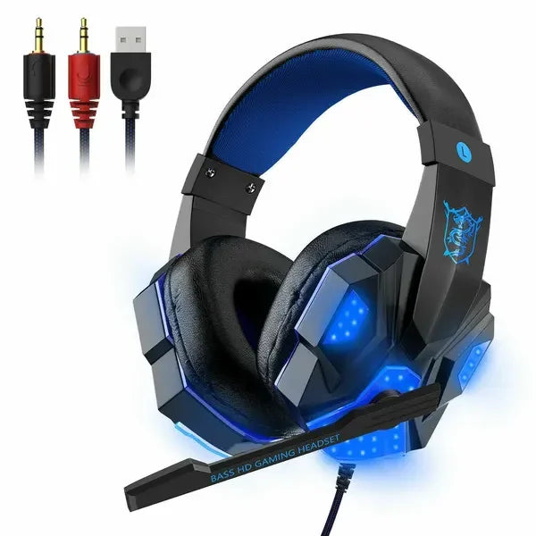 Black and blue LED gaming headset with microphone, USB and audio connectors