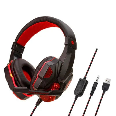 Black and red gaming headset with LED lights, cushioned ear pads, and USB and audio jack cables