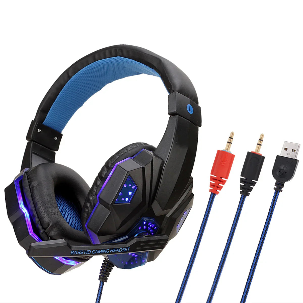 Black and blue gaming headset with LED lights and 3.5mm, USB, audio cables