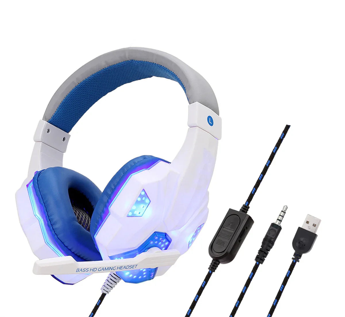 White and blue LED gaming headset with microphone, braided cable, USB and 3.5mm jack.
