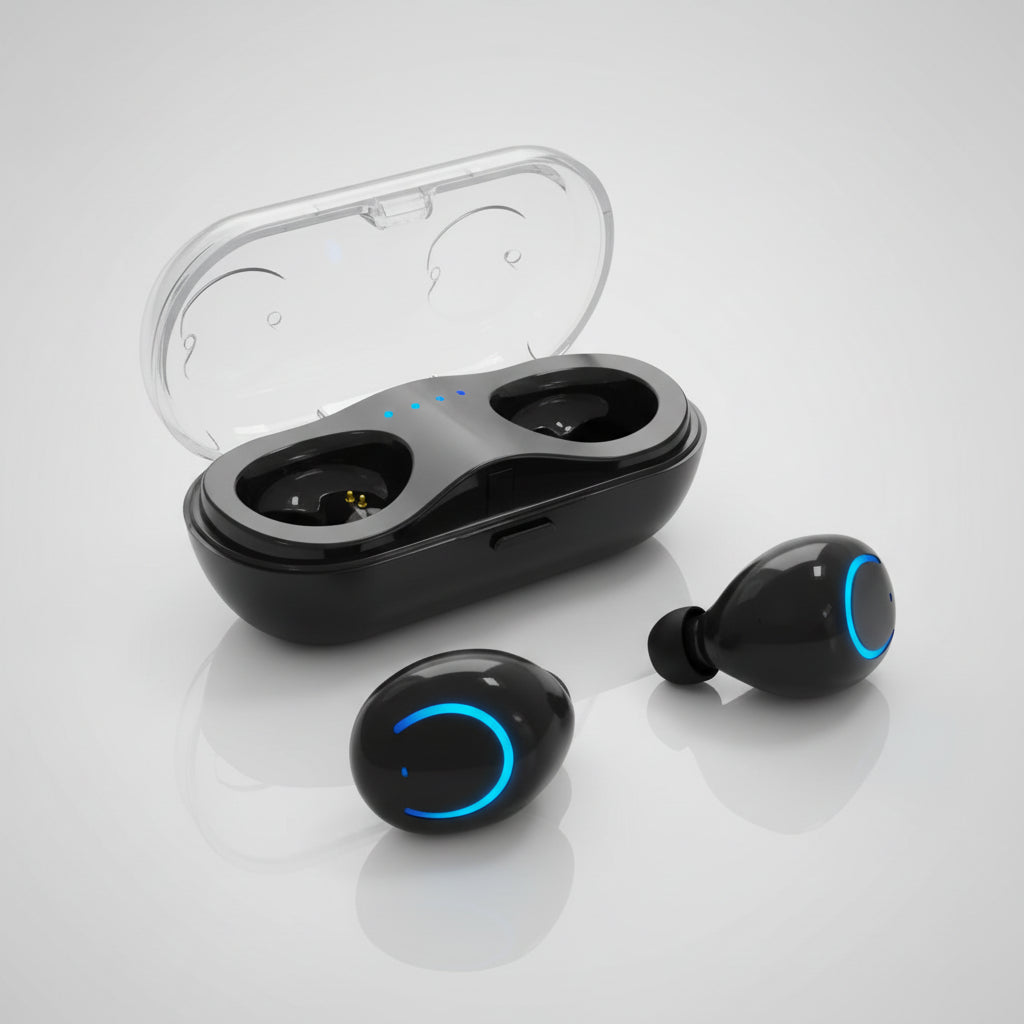 Wireless Bluetooth earbuds with LED ring lights and charging case on white background