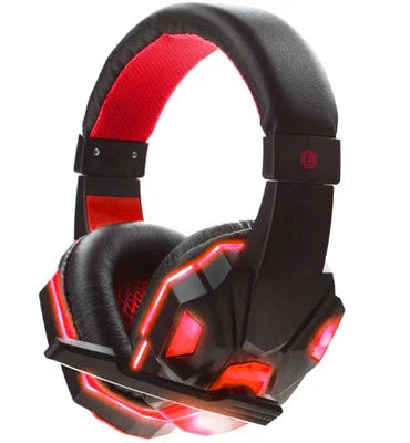 Black and red gaming headset with LED lights and attached microphone