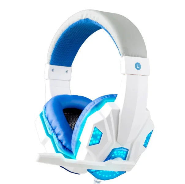 White and blue gaming headphones with LED lights and padded headband