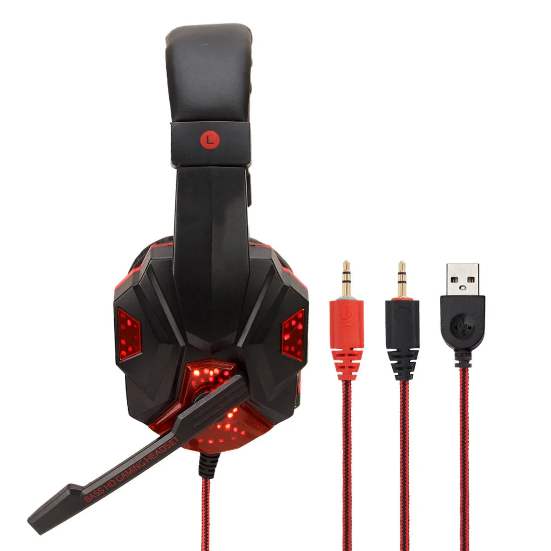 Wired gaming headset with red LED lights, adjustable microphone, and USB plus 3.5mm connectors