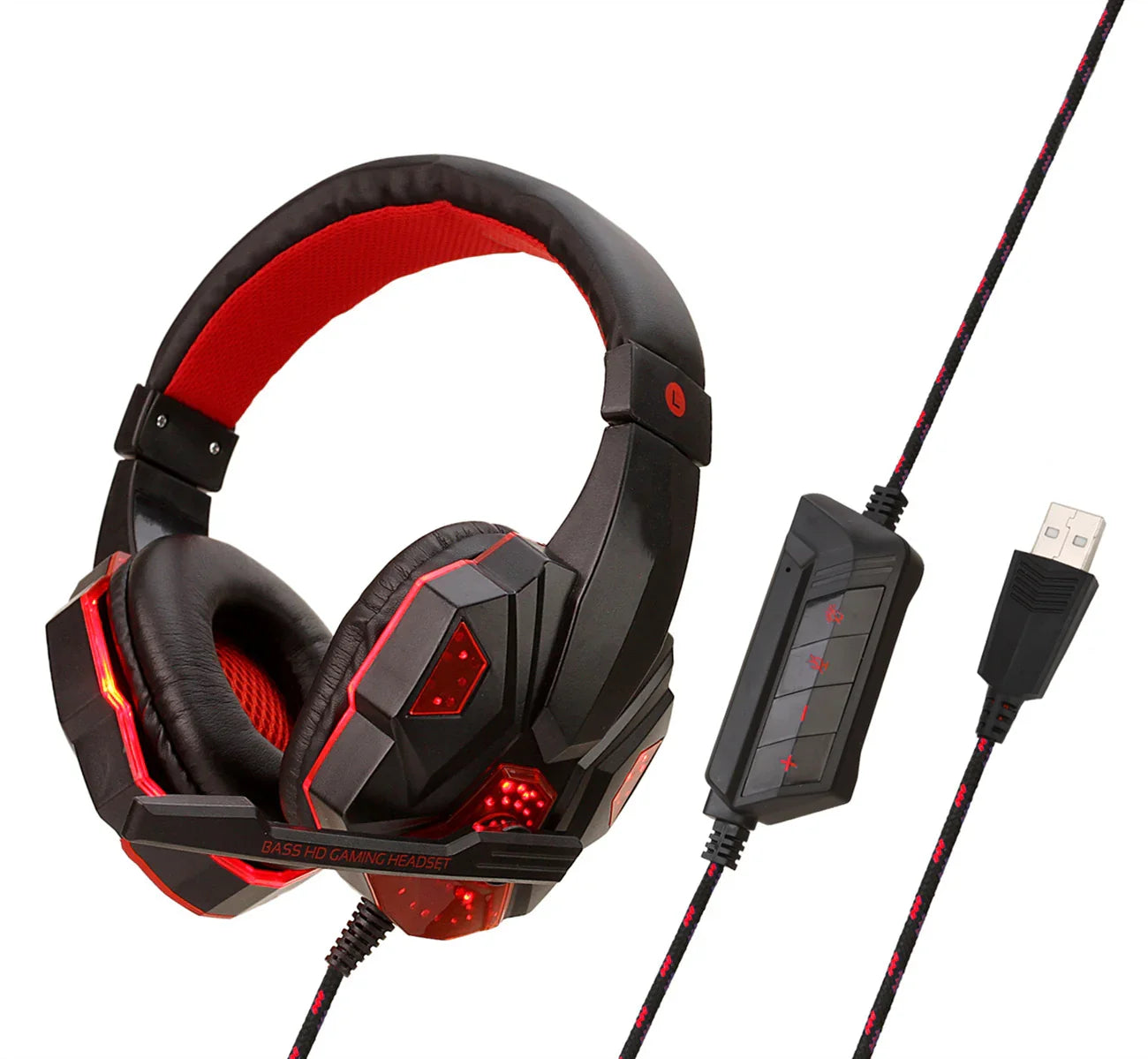 Black and red gaming headset with LED lights, padded ear cups, USB connector, and in-line controls