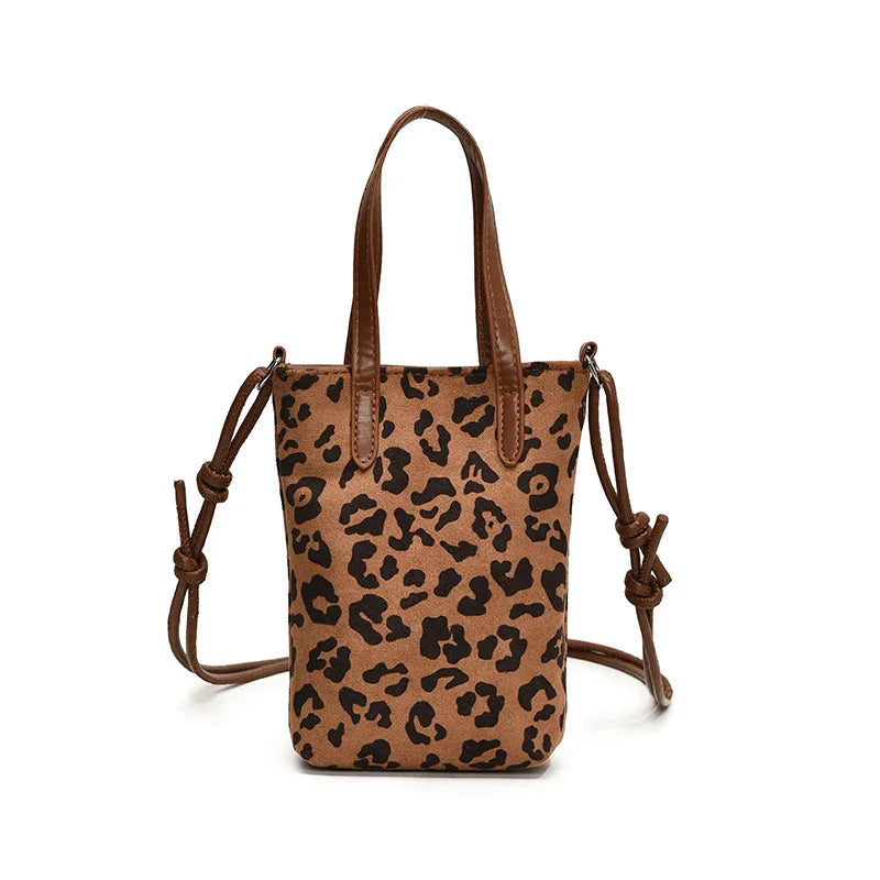 Brown leopard print tote bag with shoulder strap and top handles