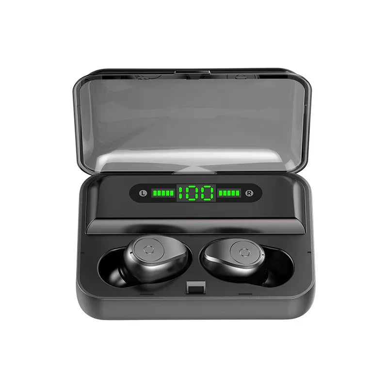 Wireless earbuds in black charging case with LED battery display