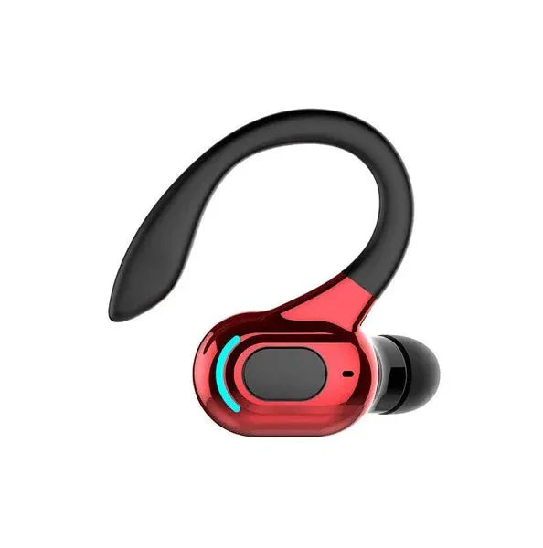 Red wireless Bluetooth earbud with black ear hook on white background
