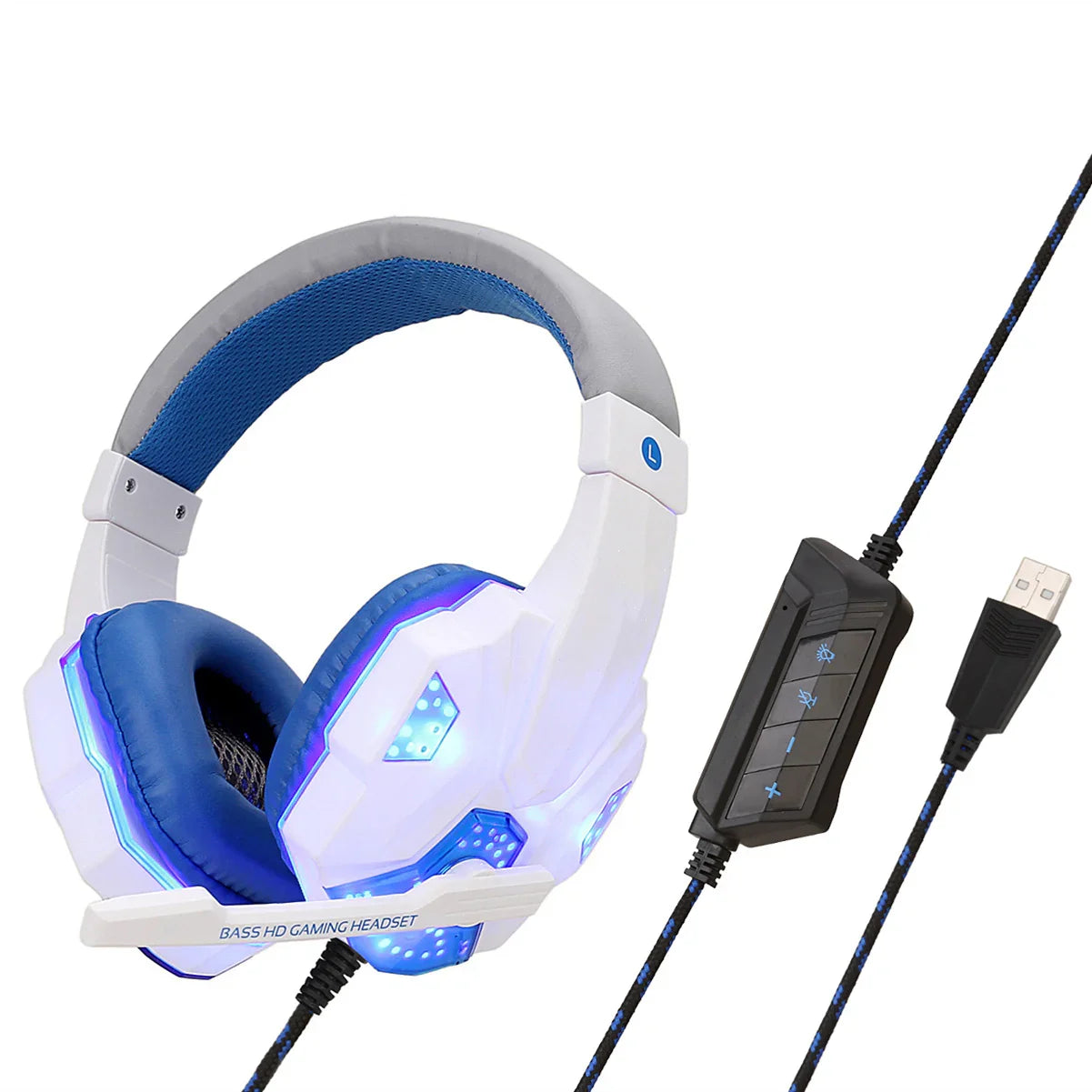 White and blue LED gaming headset with padded ear cups, built-in microphone, and USB cable