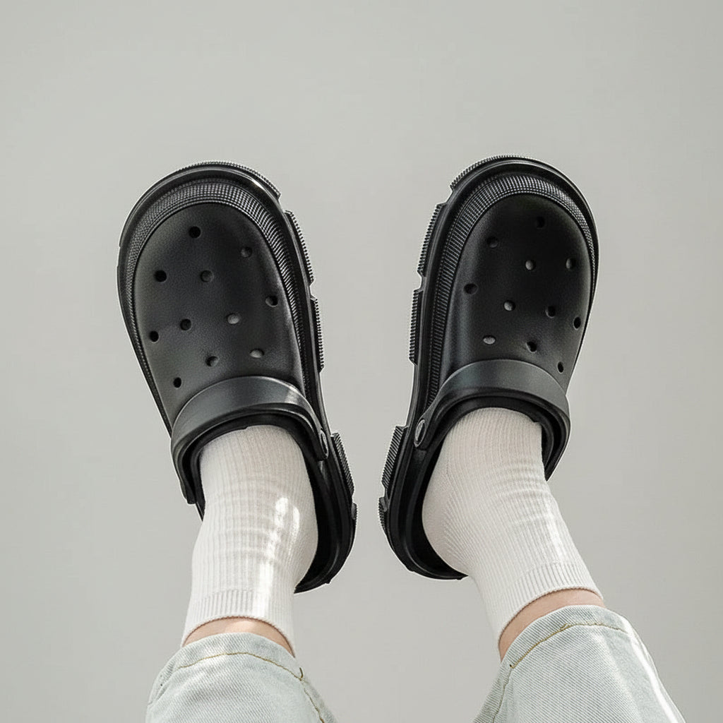 Black slip-on clogs with ventilation holes, worn with white socks and light jeans by a window.