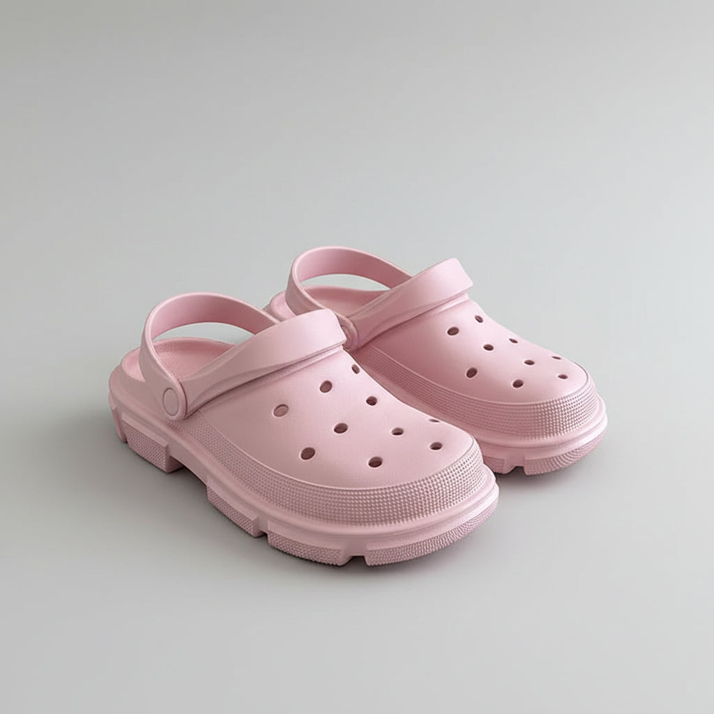 Light pink slip-on clogs with ventilation holes on a wooden surface, casual footwear style