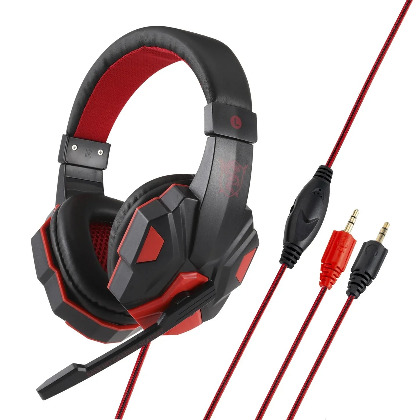 Black and red wired gaming headset with microphone and dual audio jacks