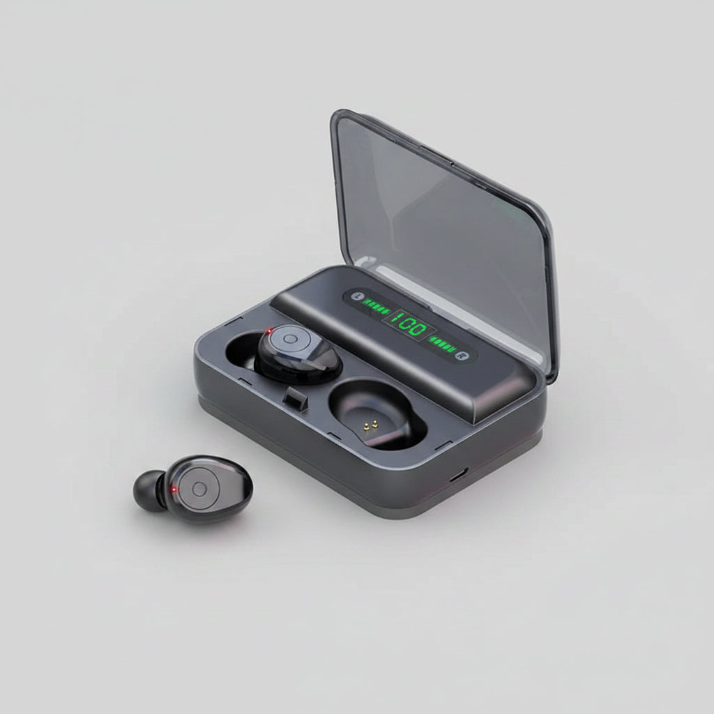 Wireless earbuds with charging case and digital display beside smartphone on blue surface
