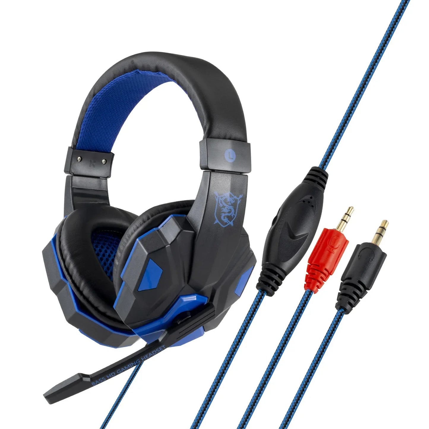Black and blue wired gaming headset with microphone and dual 3.5mm audio jacks