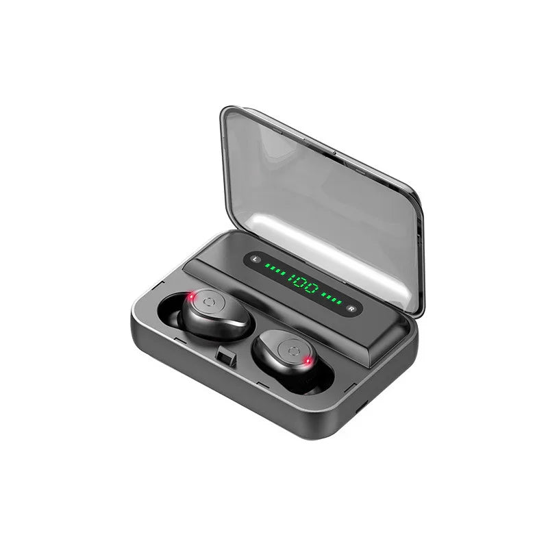 Wireless earbuds with LED display charging case, black, on white background