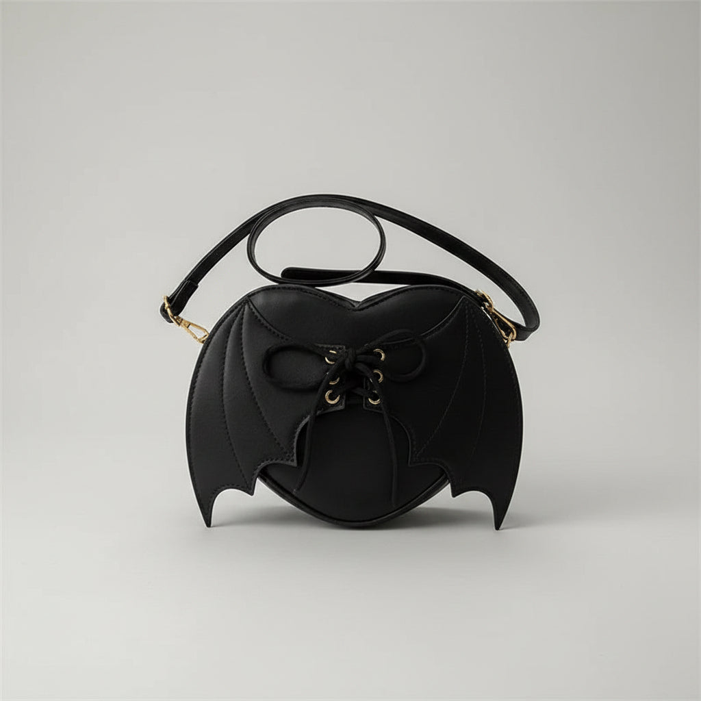 Black bat-shaped crossbody bag with lace-up detail on denim jeans background