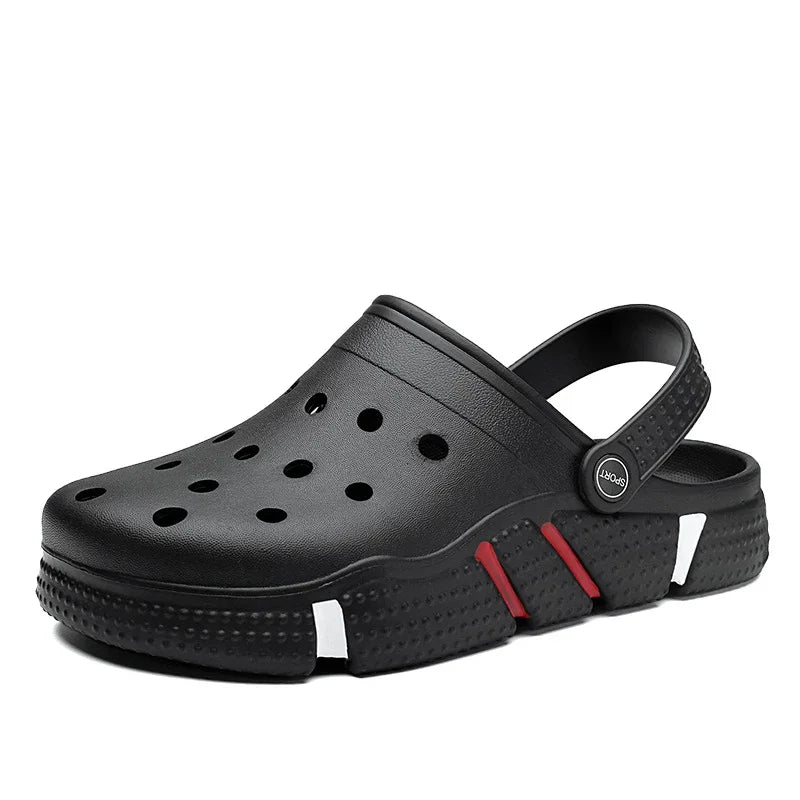Black slip-on clog sandal with ventilation holes, thick sole, red and white accents