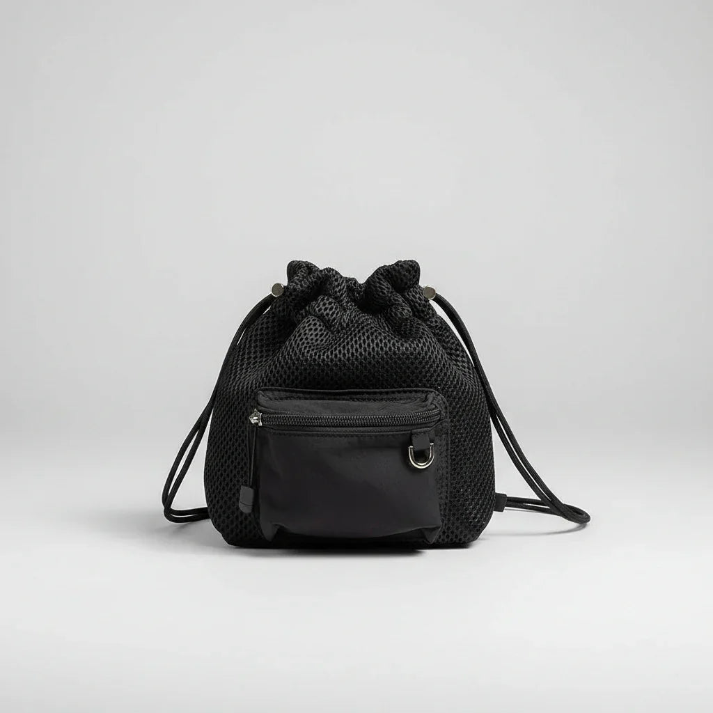black mesh drawstring bucket bag with front zip pocket and shoulder straps