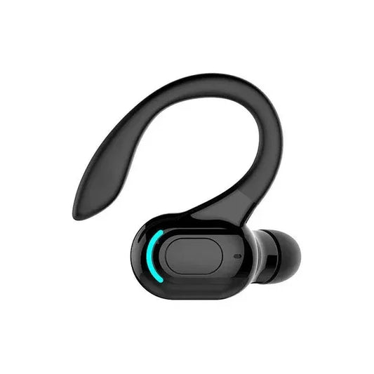 Black wireless Bluetooth earbud with ear hook and LED indicator on white background