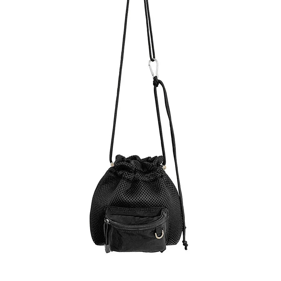 Black mesh drawstring crossbody bag with front zipper pocket and adjustable strap