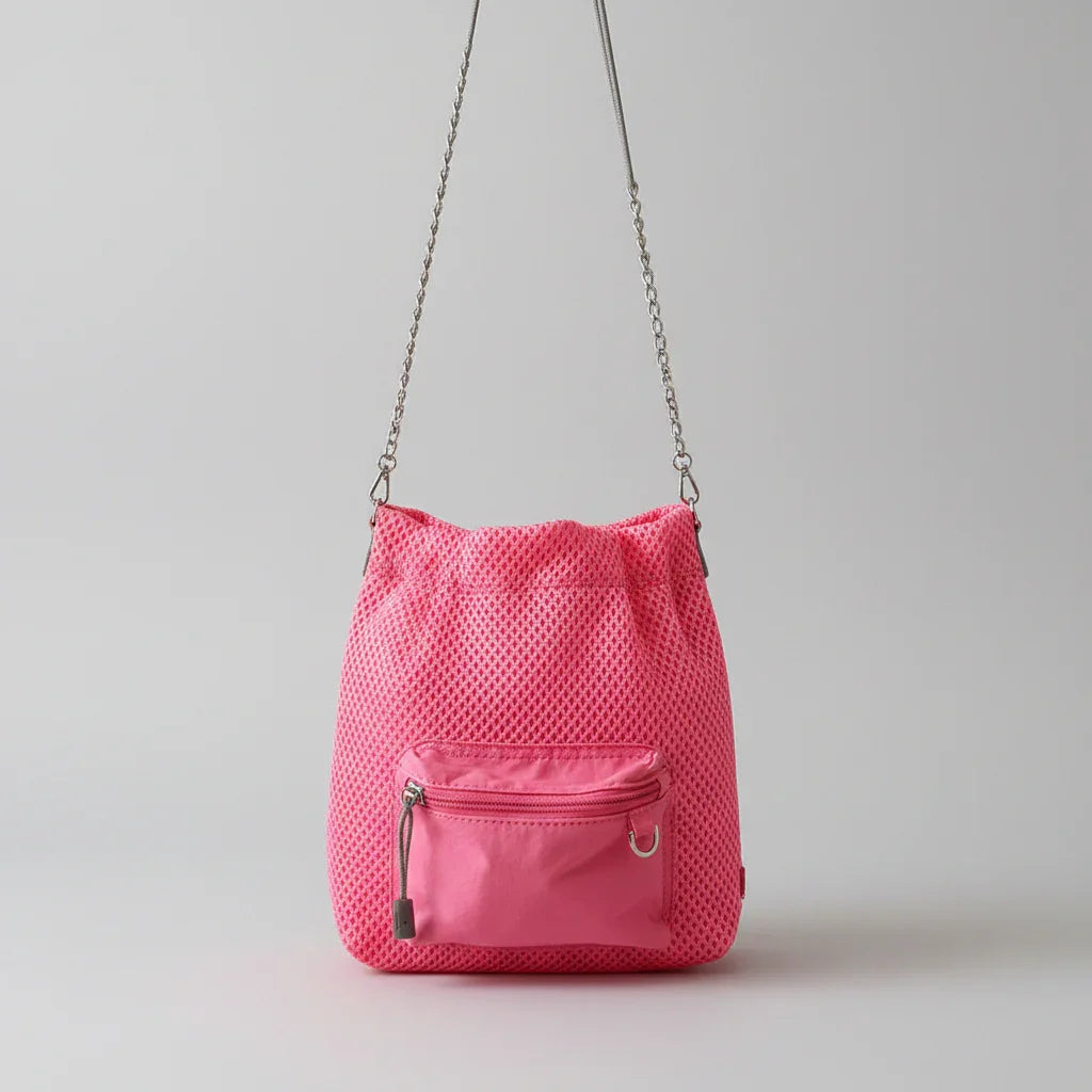 Pink mesh drawstring bucket bag with front zipper pocket and chain shoulder strap