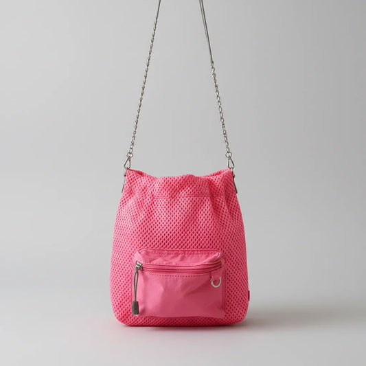 Pink mesh drawstring bucket bag with front zipper pocket and chain shoulder strap